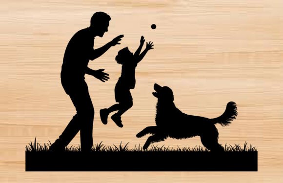 Dad Son Playing with Dog SVG Silhouette