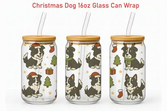 Xmas Border Collie 16oz Glass Can Wrap